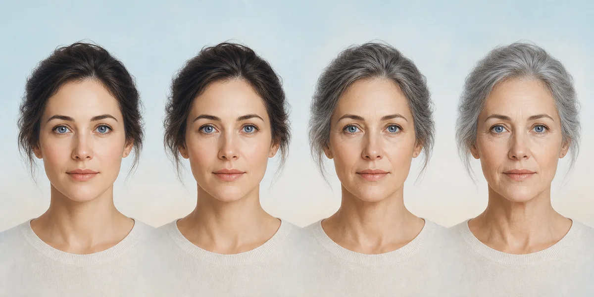 Editorial illustration showing one portrait across four AI age progression stages
