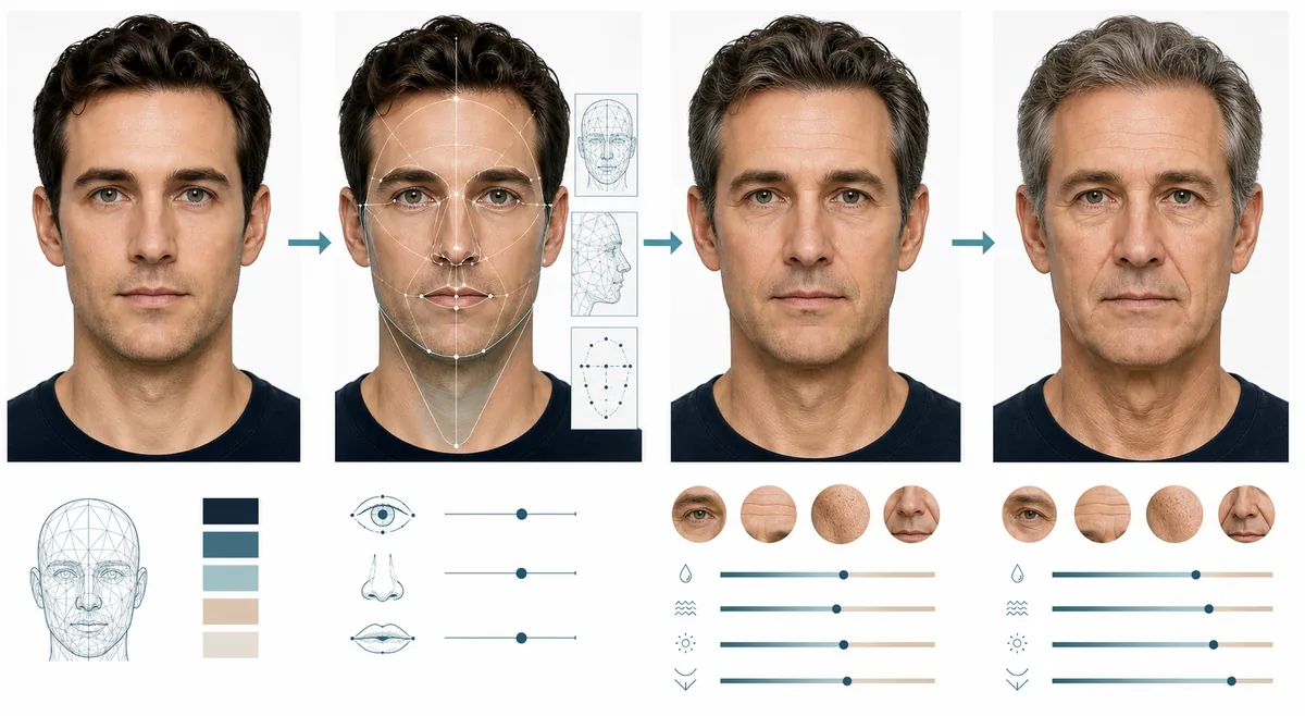 Editorial diagram showing a portrait moving through facial feature analysis and age cue generation