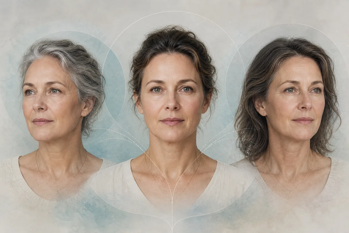 Editorial illustration showing two possible older-looking simulations from one portrait