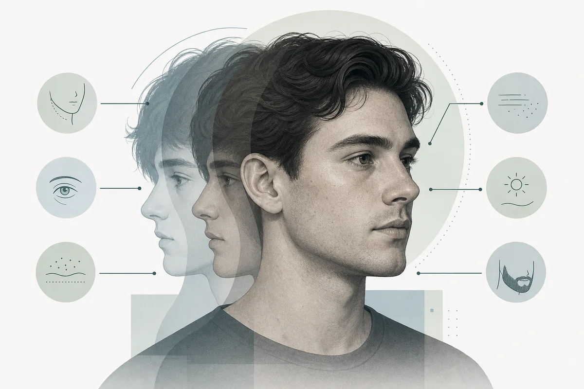 Editorial illustration showing subtle face changes from age 18 to 25