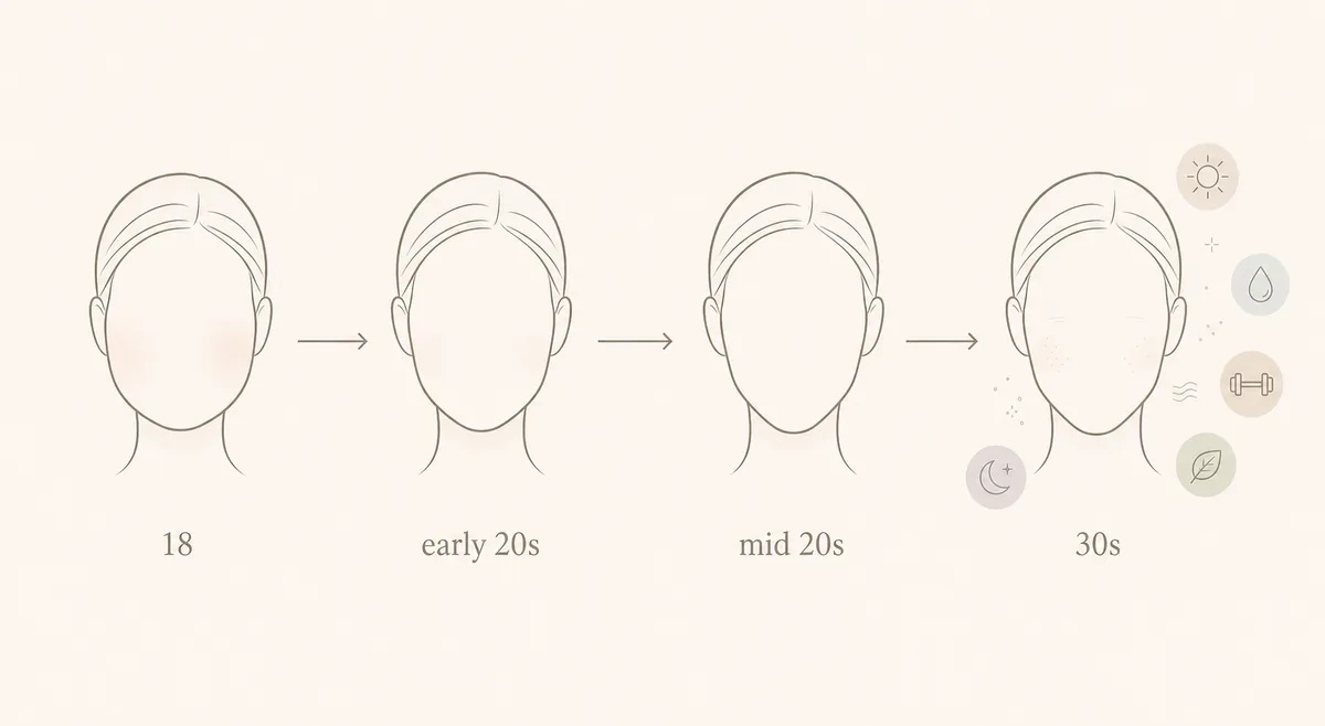 Timeline illustration of face changes through the late teens and twenties