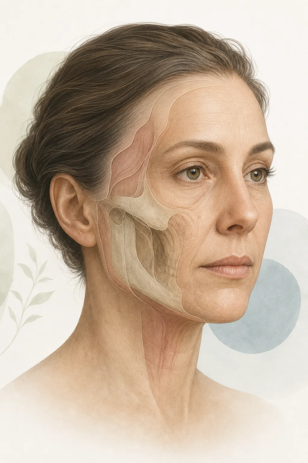 Editorial anatomy illustration showing facial bone, soft tissue and skin layers in an adult face