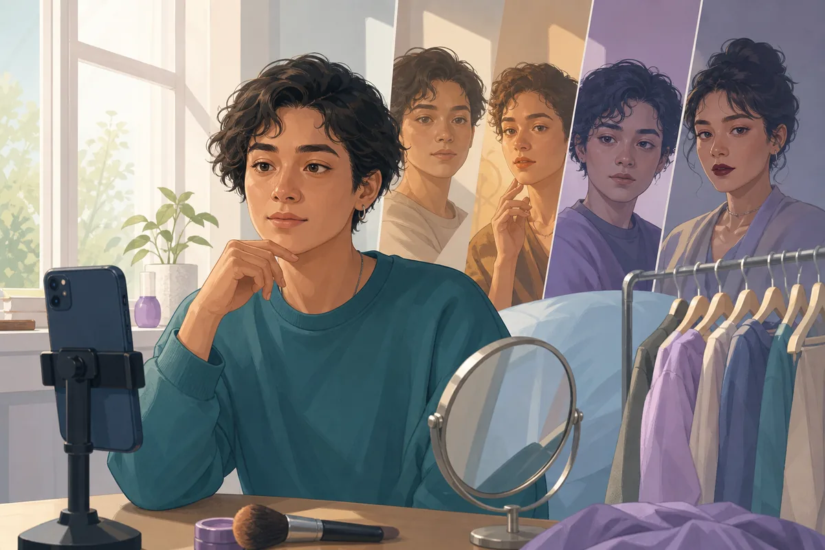 Editorial scene showing how a phone camera, mirror, lighting and clothing influence age perception