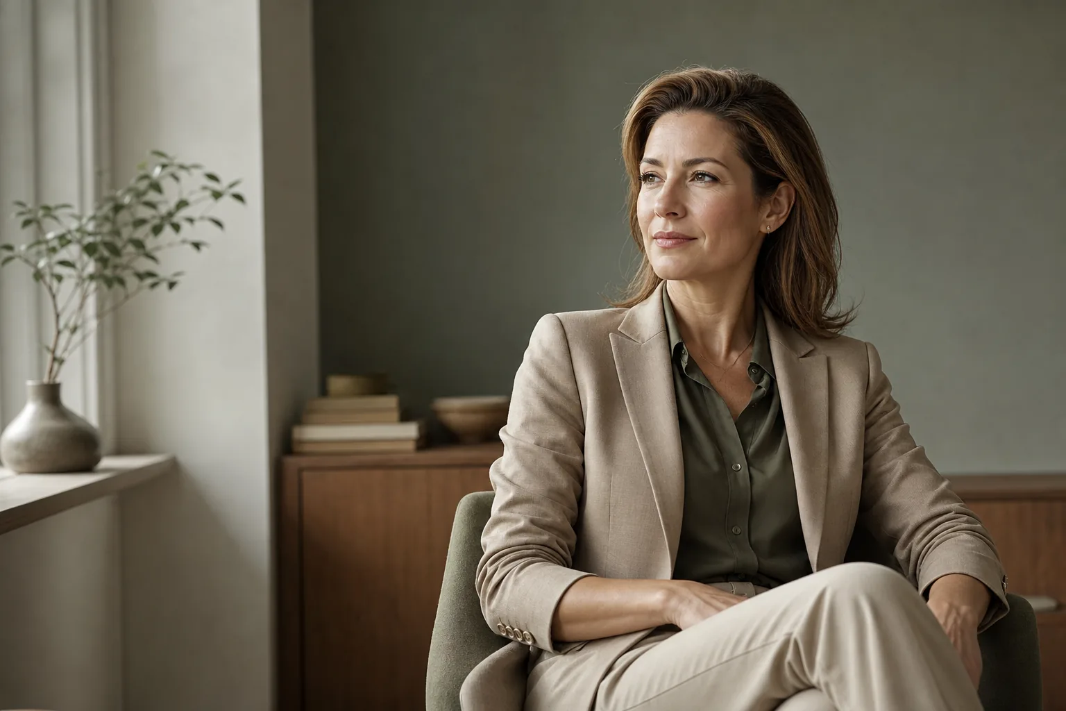 Adult with structured neutral clothing and confident posture in soft window light