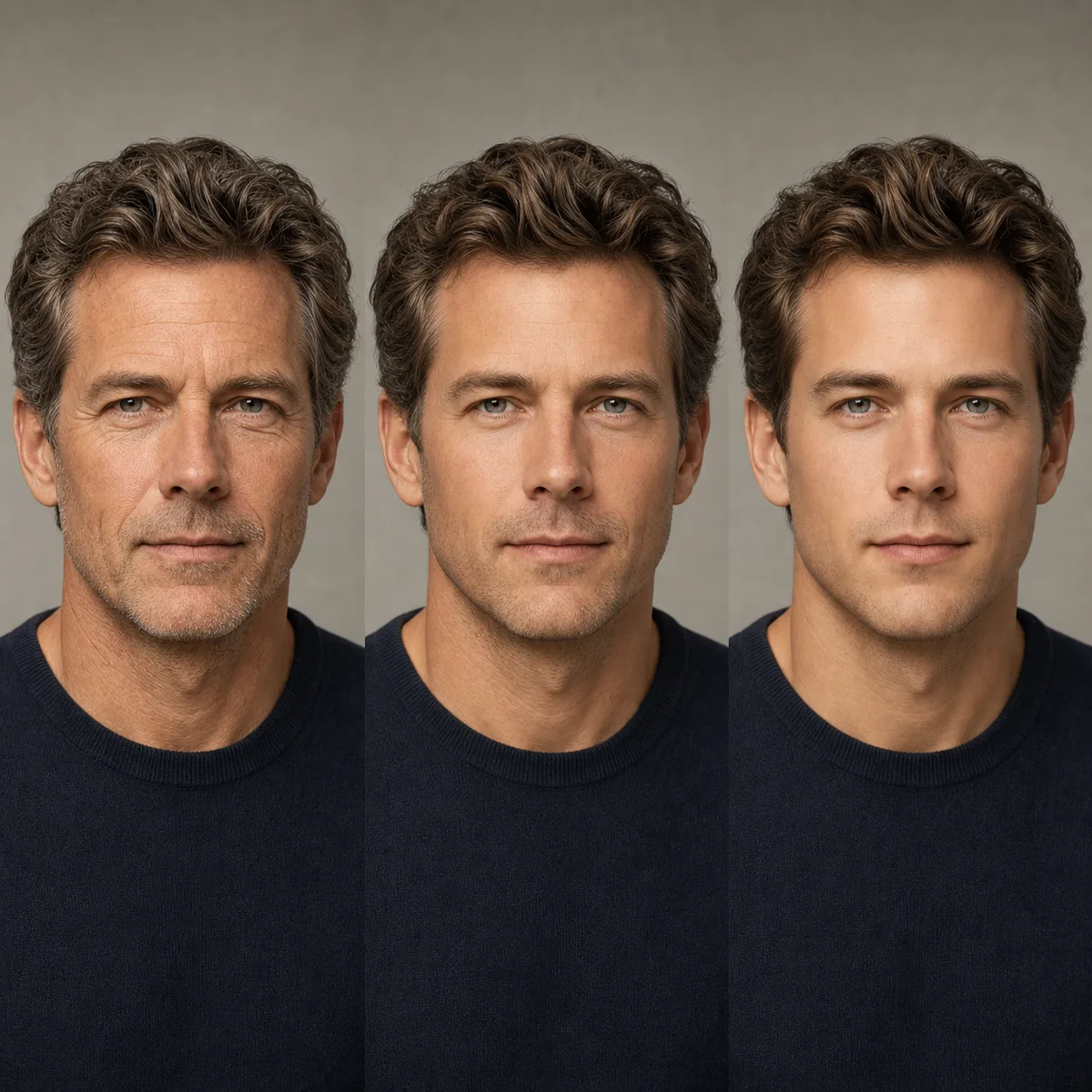Adult portrait shown through three subtle AI de-aging stages
