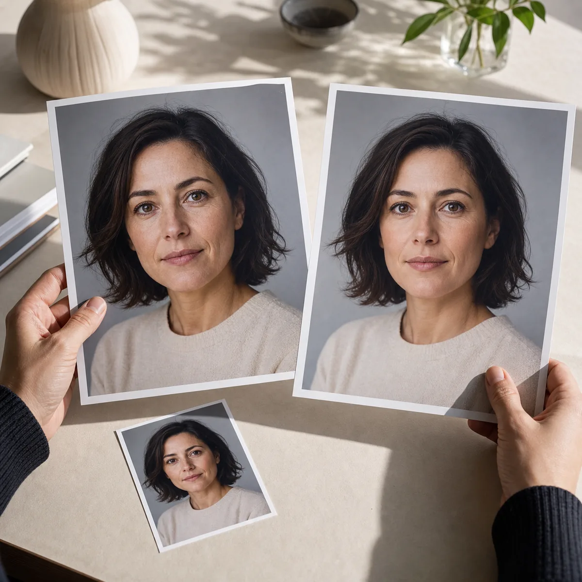 Portrait editing workflow with an original photo, a younger-looking AI result, and a side-by-side review