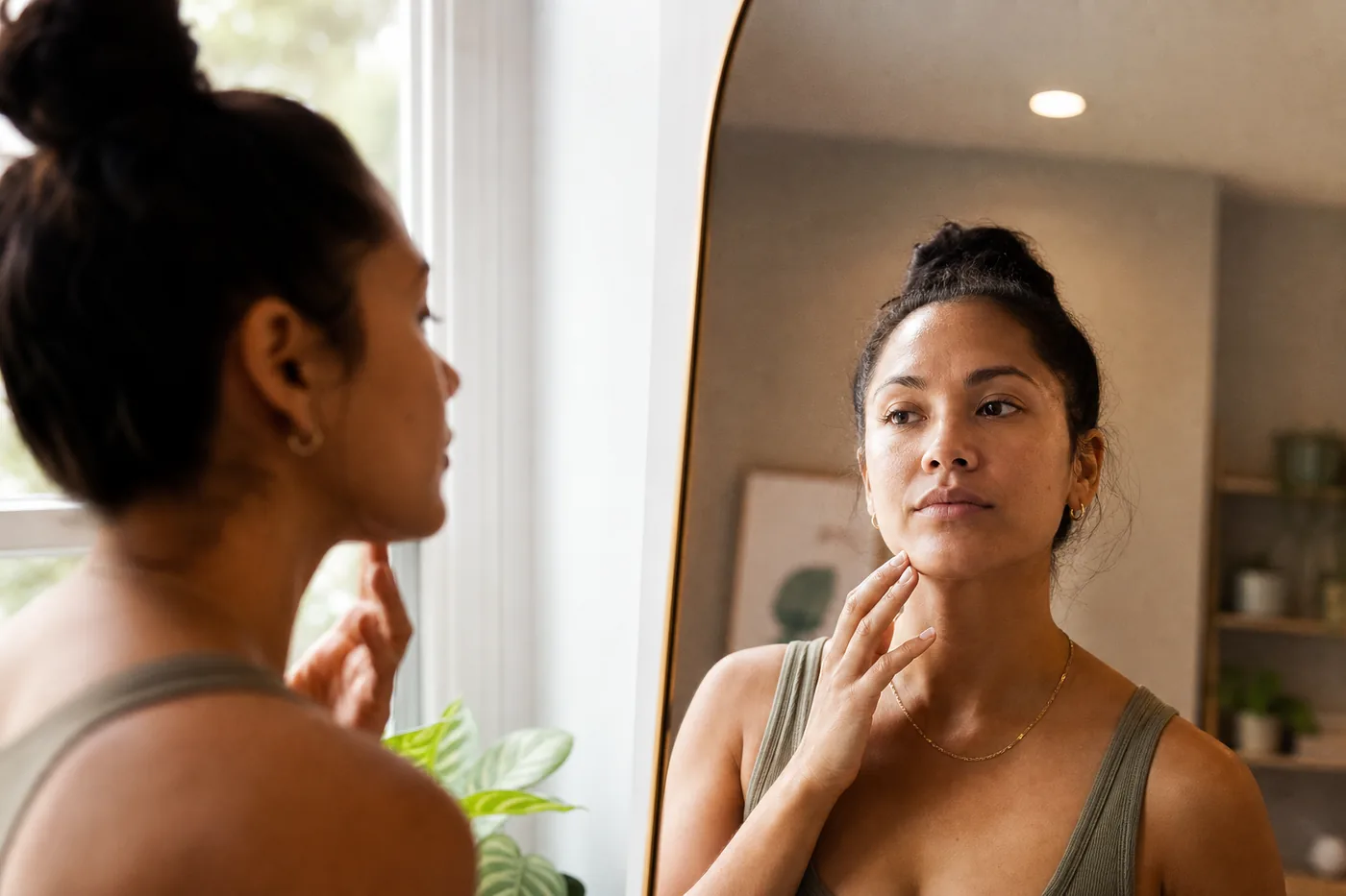 Adult checking their face in a mirror beside soft window light