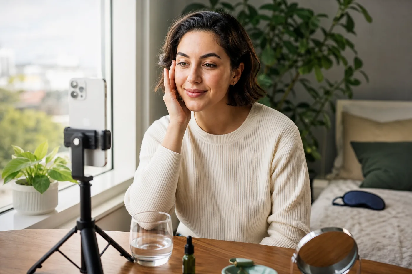 Adult preparing a consistent portrait photo in soft window light