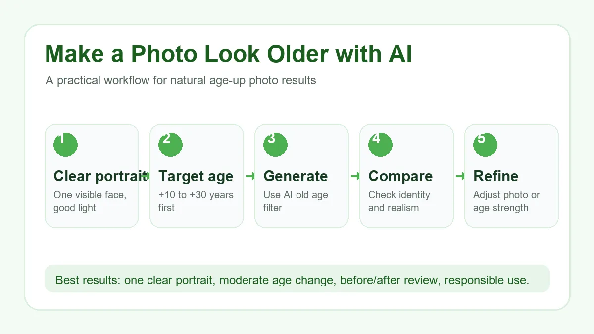 Illustrated workflow for making a photo look older with an AI age filter
