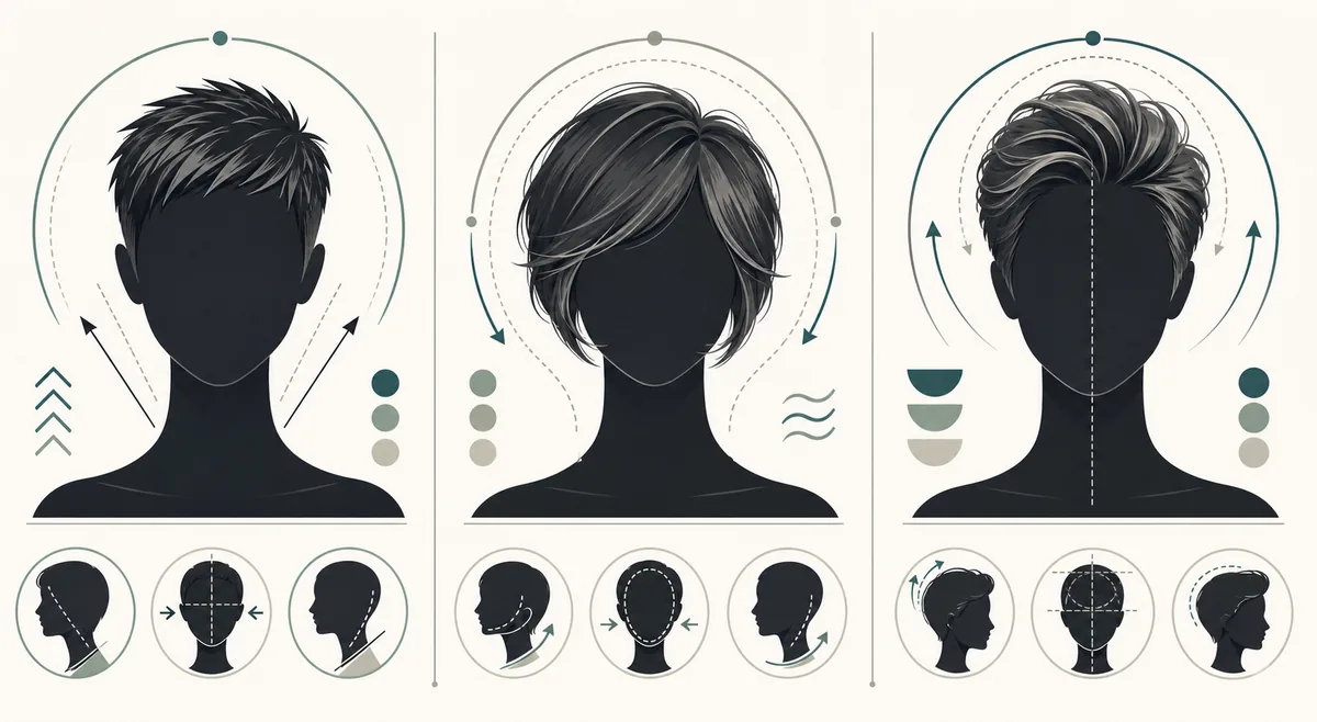 Editorial comparison graphic showing short haircut shape, face framing, and crown volume cues