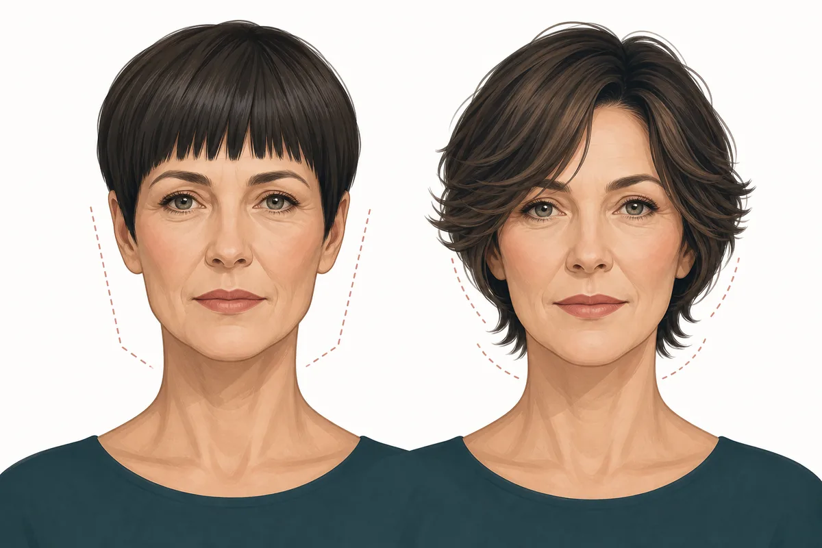Editorial illustration comparing a sharp short haircut with a softer layered short haircut